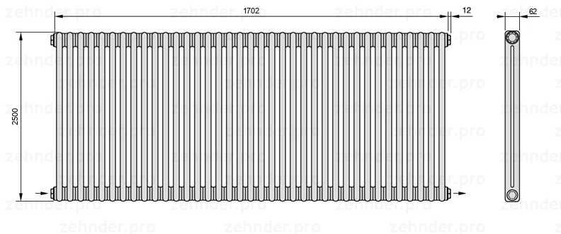 Схема (чертеж) Радиатор Zehnder Charleston 2250/37 №2670 Белый глянцевый RAL 9016
